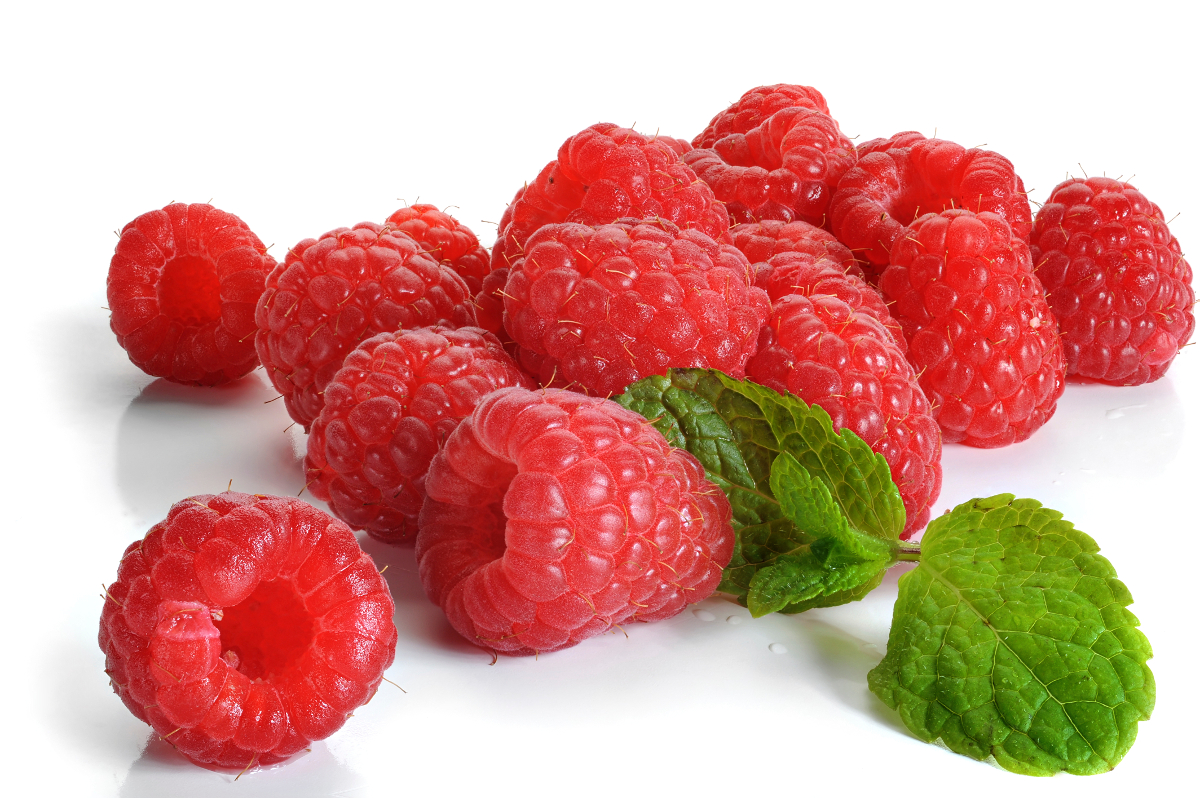 Extreme close-up image of raspberries studio isolated on white background